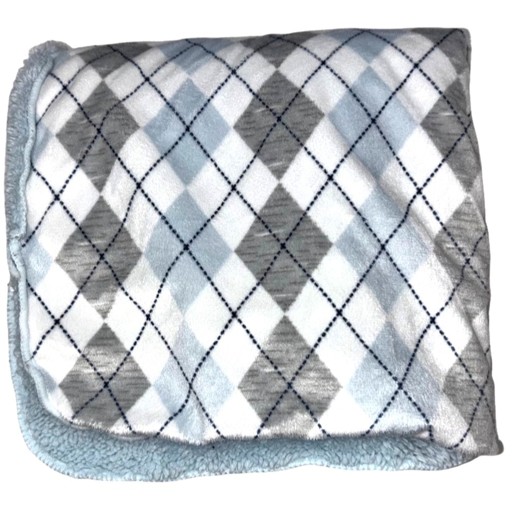 Chick Pea Argyle Gray Blue‎ White Diamond Baby Blanket Sherpa Soft Lovey Boy